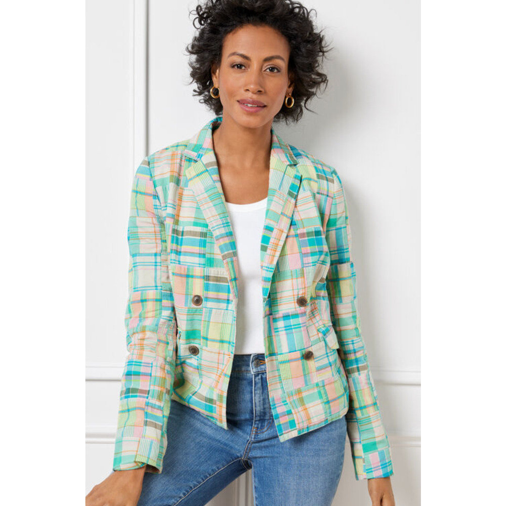 NWT TALBOTS DOUBLE BREASTED PLAID MADRAS BLAZER JACKET SIZE 14P 14 PETITE